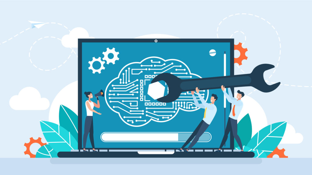 Innovative technology. Artificial intelligence flowchart, machine learning metaphor. Scientists adjust and correct errors artificial intelligence, programming machine learning. Vector illustration