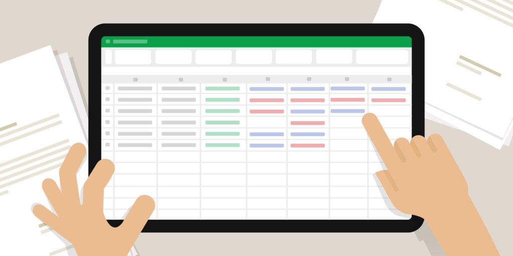 spreadsheet screen in tablet hand do accounting counting number office work financial calculation